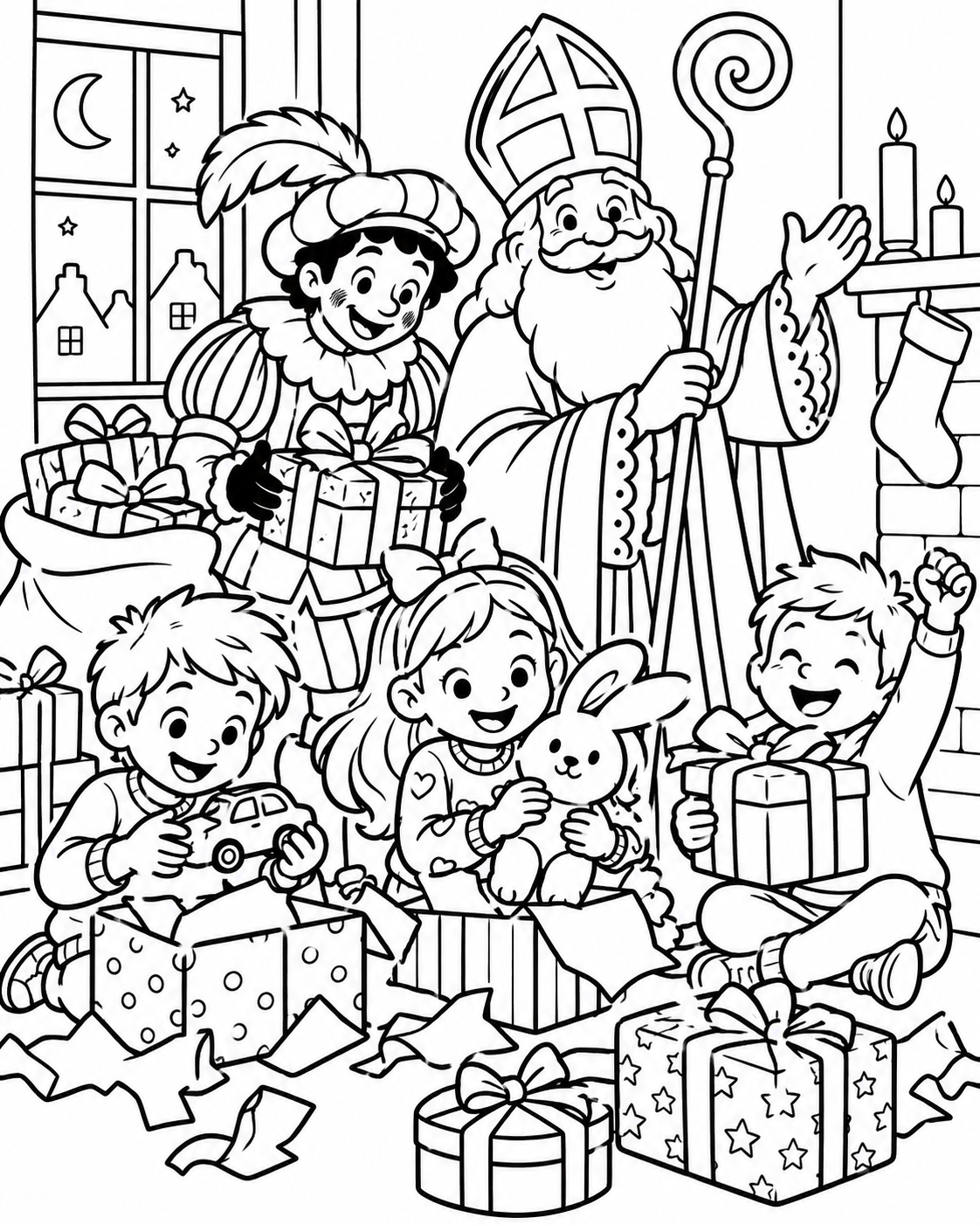 Gratis Cadeautjes uitpakken kleurplaat voor Sinterklaas om te printen
