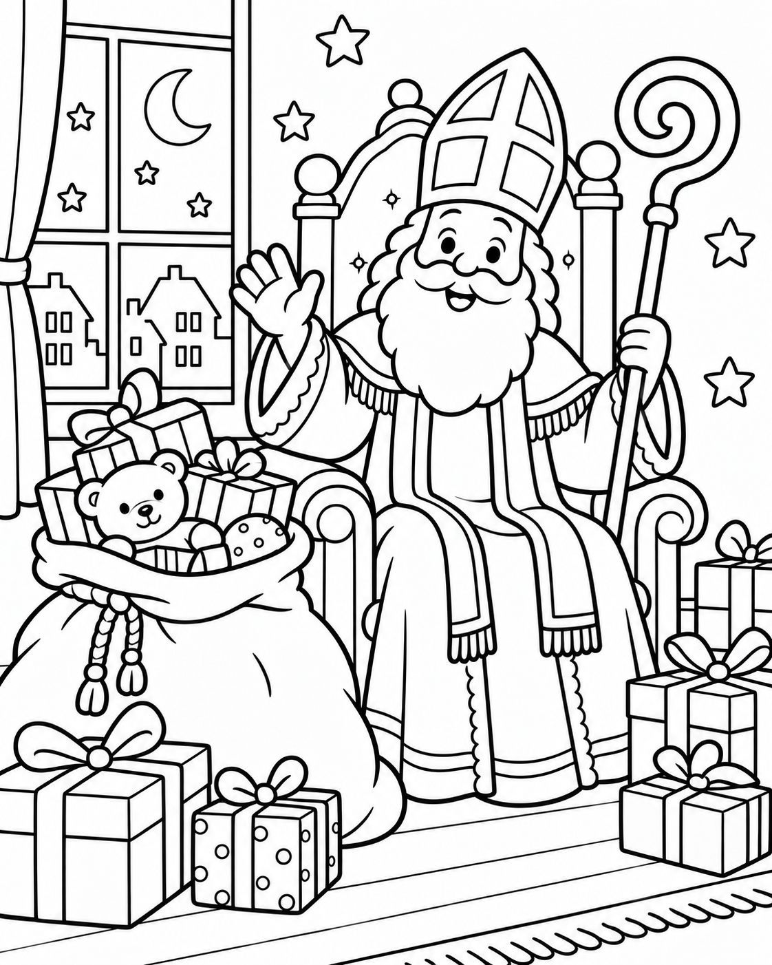 Gratis Sinterklaas op zijn troon kleurplaat voor Sinterklaas om te printen