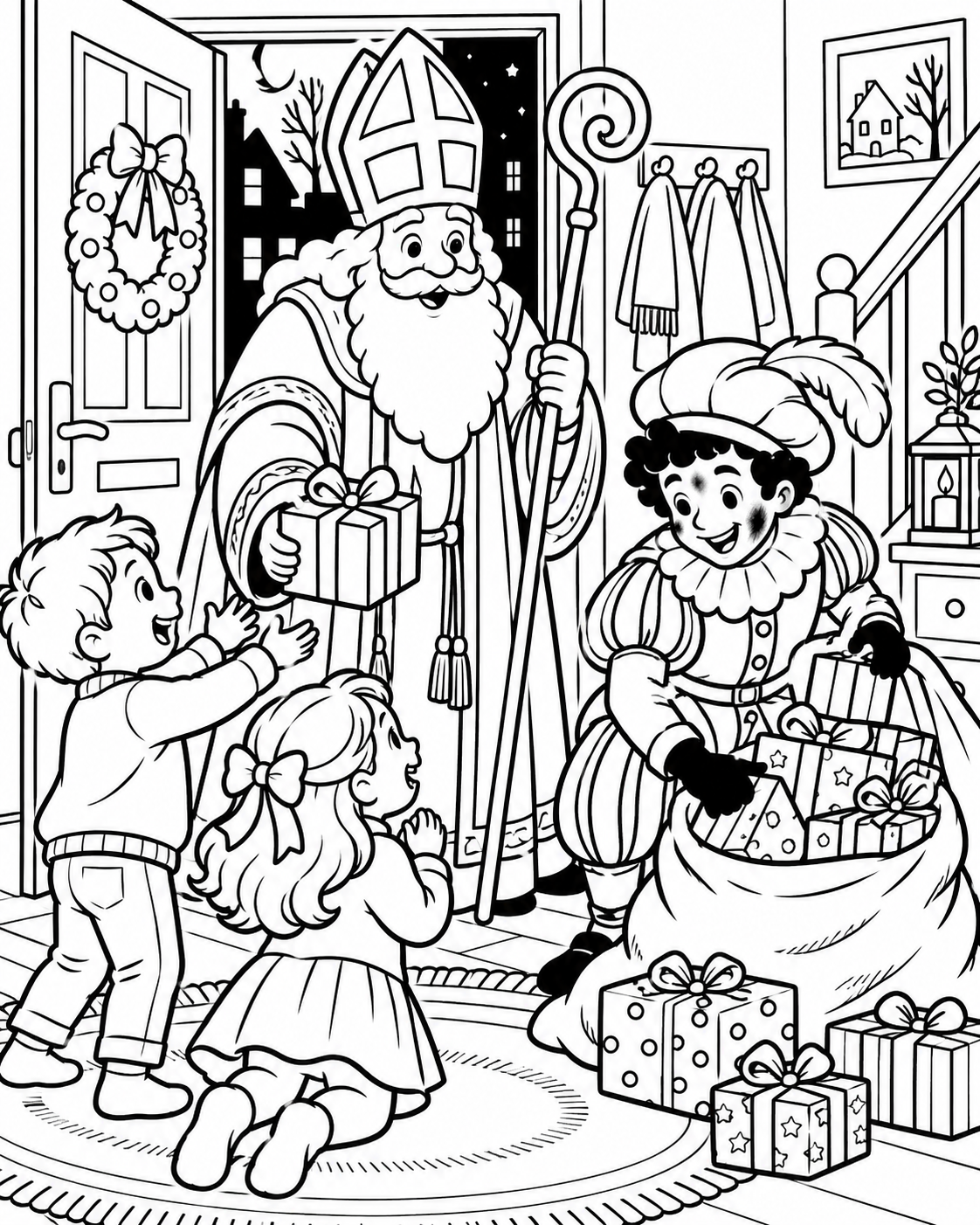 Gratis Pakjesavond met cadeaus kleurplaat voor Sinterklaas om te printen