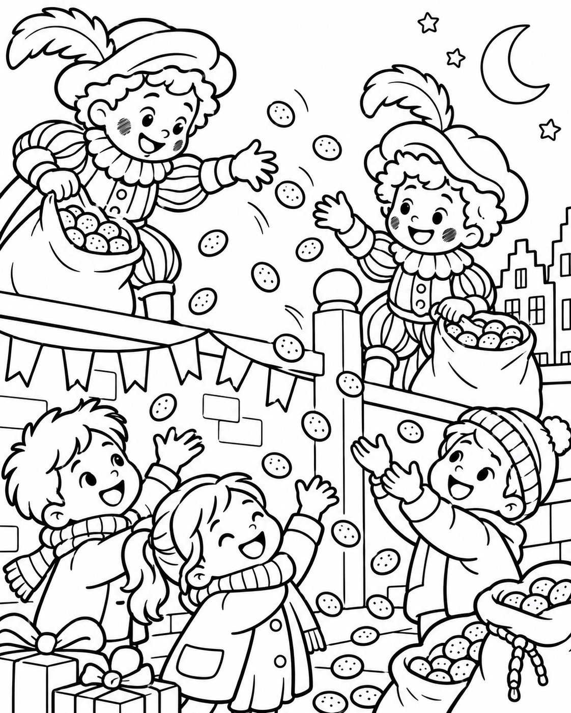 Gratis Roetveegpieten strooien pepernoten kleurplaat voor Sinterklaas om te printen