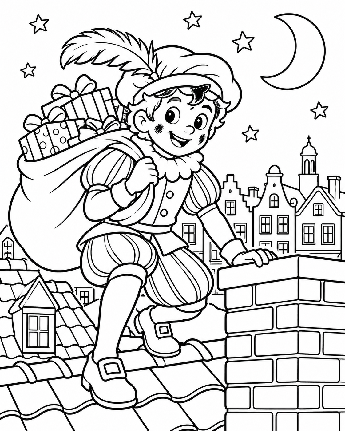 Gratis Roetveegpiet met cadeautjes kleurplaat voor Sinterklaas om te printen