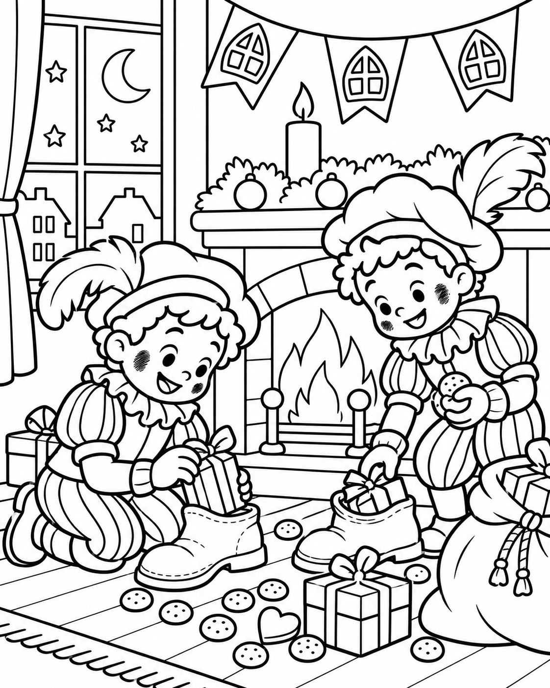 Gratis Roetveegpieten vullen schoentjes kleurplaat voor Sinterklaas om te printen