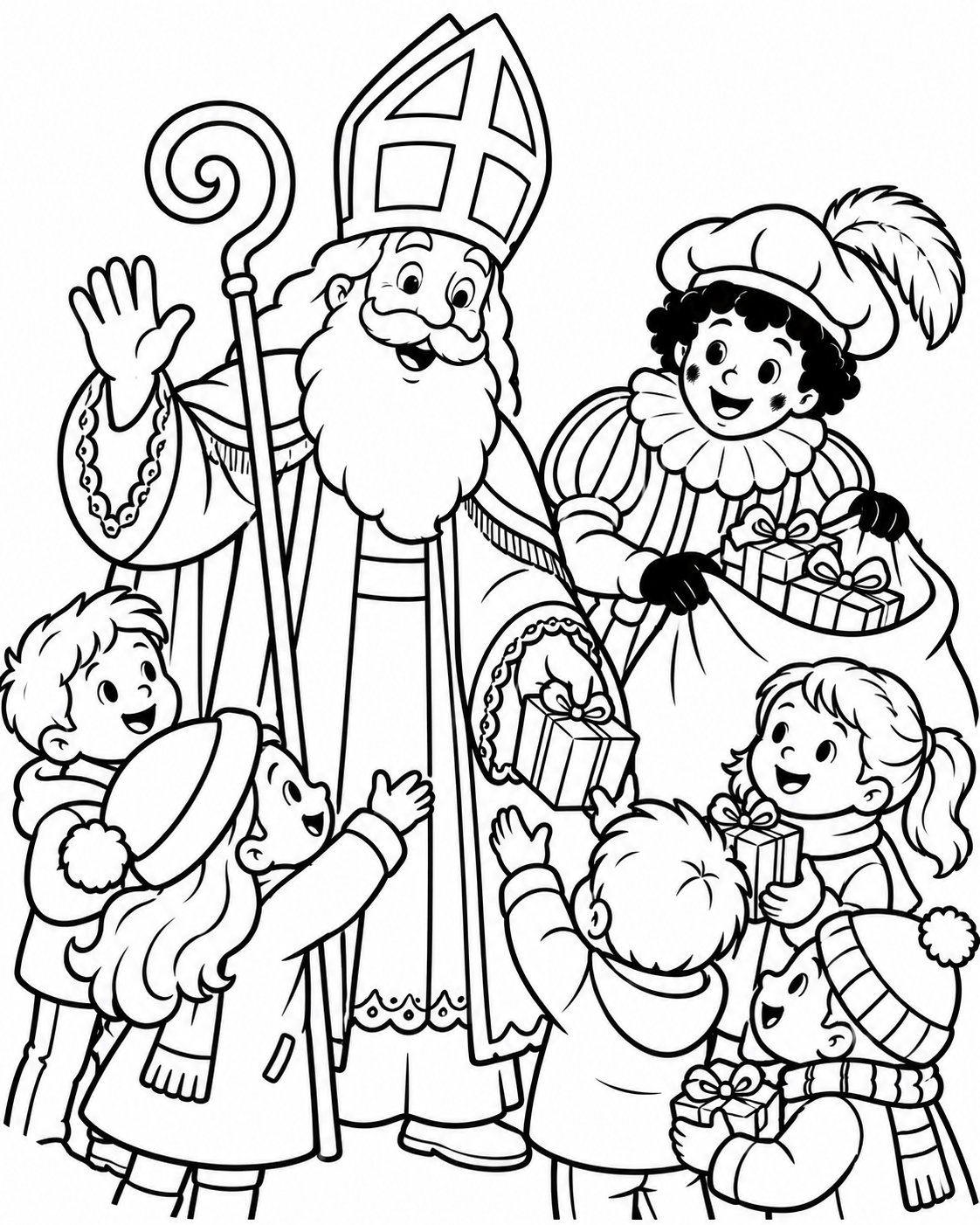 Gratis Sinterklaas met kinderen kleurplaat voor Sinterklaas om te printen