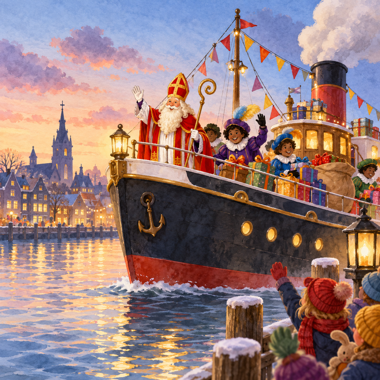 Sinterklaas komt met de boot aan