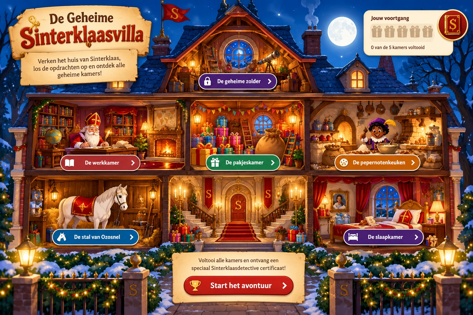 Geïllustreerde, verlichte Sinterklaasvilla met verschillende geheime kamers